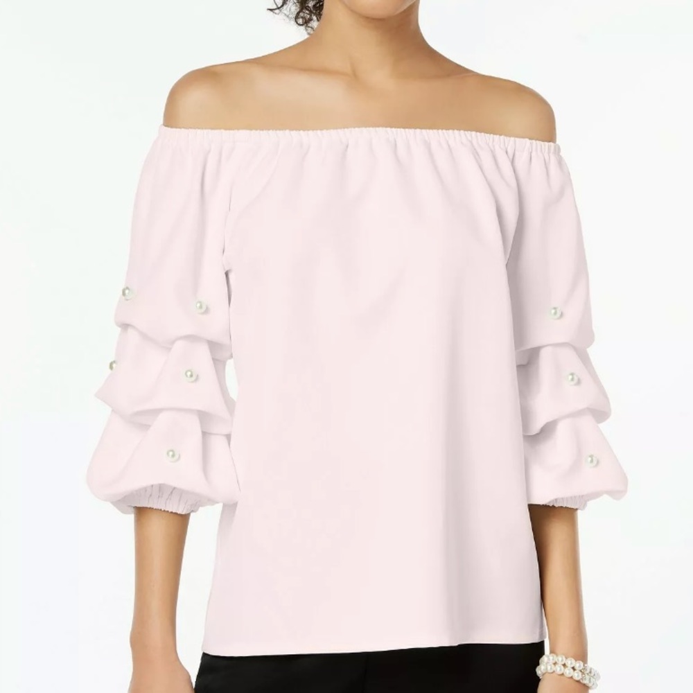 MSK PINK BEADED l PUFF SLEEVE OFF-SHOULDER Top